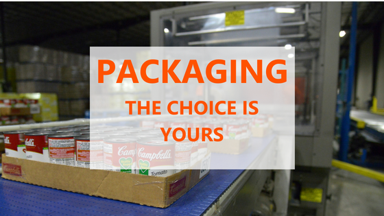 Packaging line and machine with canned product in cardboard flats with text- Packaging The Choice Is Yours